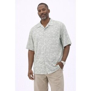 Bruno Button Down Shirt Mens XL Green Linen Blend Bamboo Print Camp Hawaiian